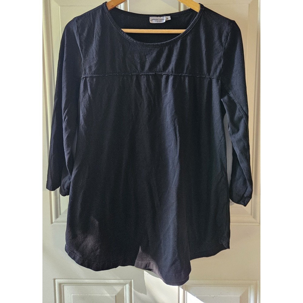 Prairie Cotton Womens Large Black 3/4 Sleeve Cotton Tunic Top Made USA